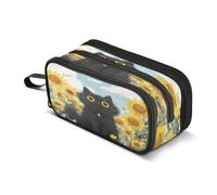 Kcldeci Big 3-Compartment Printed Pencil Case,Yellow Sunflowers Black Cat Large Capacity Pen Pouch for 75 Pencils, School Office Travel Organizer, Makeup & Cable Bag for Teens Adults