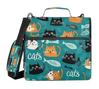 Kcldeci Cartoon Cats and Fish Bones 3 Ring 1.5 Inch Zipper Binder,500 Sheet Organizer Binder Bag with Shoulder Strap Expanding Files for School and Office