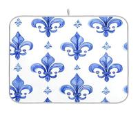 Kcldeci Dish Drying Mat for Kitchen Counter, Blue Fleur De Lis Absorbent Dish Drainer Dish Drying Pad for Countertops,Sinks,Draining Racks 18x24in