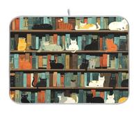 Kcldeci Dish Drying Mat for Kitchen Counter,Cats on Bookshelves Absorbent Dish Drainer Dish Drying Pad for Countertops,Sinks,Draining Racks 16x18in