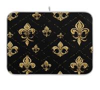 Kcldeci Dish Drying Mat for Kitchen Counter, Golden Fleur-de-lis Black Absorbent Dish Drainer Dish Drying Pad for Countertops,Sinks,Draining Racks 18x24in