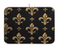 Kcldeci Dish Drying Mat for Kitchen Counter, Golden Fleur-de-lis on Black Absorbent Dish Drainer Dish Drying Pad for Countertops,Sinks,Draining Racks 18x24in