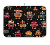 Kcldeci Dish Drying Mat for Kitchen Counter,Robots Retro Monsters Absorbent Dish Drainer Dish Drying Pad for Countertops,Sinks,Draining Racks 16x18in