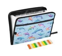 Kcldeci Expanding File Folder,13 Pockets Accordion File Organizer, Colorful Dolphins on Light Blue A4 Letter Size Paper Document Receipt Organizer Accordian Filing Folder