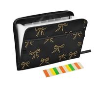 Kcldeci Expanding File Folder,13 Pockets Accordion File Organizer, Golden Slim Ribbon Bows on Black A4 Letter Size Paper Document Receipt Organizer Accordian Filing Folder