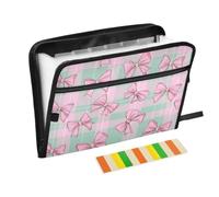 Kcldeci Expanding File Folder,13 Pockets Accordion File Organizer, Pink Slim Bow Plaid A4 Letter Size Paper Document Receipt Organizer Accordian Filing Folder