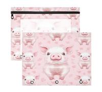 Kcldeci Pencil Pouch for 3 Ring Binder,Cute Pig Pink A4 Size Zipper Pencil Pouches for Girls Boys, Clear Window Pen Case for Binder 2Pack