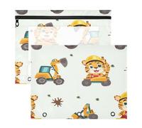 Kcldeci Pencil Pouch for 3 Ring Binder,Tiger Excavator A4 Size Zipper Pencil Pouches for Girls Boys, Clear Window Pen Case for Binder 2Pack