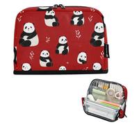 Kcldeci Standing Pencil Case Large Capacity Zippered Pen Pouch,Bear Panda on Red Pencil Bag for Girls Boys Office School