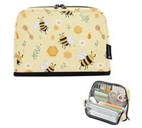 Kcldeci Standing Pencil Case Large Capacity Zippered Pen Pouch,Bees and Honeycomb Pattern Pencil Bag for Girls Boys Office School