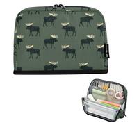 Kcldeci Standing Pencil Case Large Capacity Zippered Pen Pouch,Black Moose on Military Green