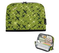 Kcldeci Standing Pencil Case Large Capacity Zippered Pen Pouch,Black Planes Green Pencil Bag for Girls Boys Office School