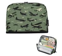 Kcldeci Standing Pencil Case Large Capacity Zippered Pen Pouch,Black Planes on Green Pencil Bag for Girls Boys Office School