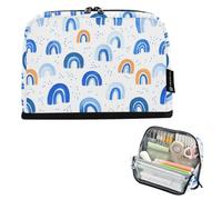 Kcldeci Standing Pencil Case Large Capacity Zippered Pen Pouch,Blue Rainbows on White1 Pencil Bag for Girls Boys Office School