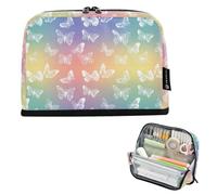 Kcldeci Standing Pencil Case Large Capacity Zippered Pen Pouch,Butterfly on Rainbow Pencil Bag for Girls Boys Office School