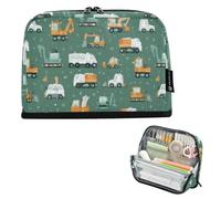 Kcldeci Standing Pencil Case Large Capacity Zippered Pen Pouch,Cartoon Construction Vehicles Pencil Bag for Girls Boys Office School