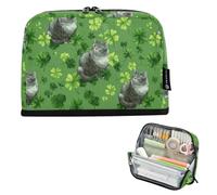 Kcldeci Standing Pencil Case Large Capacity Zippered Pen Pouch,Cat Shamrock Clover Pencil Bag for Girls Boys Office School