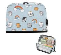 Kcldeci Standing Pencil Case Large Capacity Zippered Pen Pouch,Cats and Rainbow Pencil Bag for Girls Boys Office School
