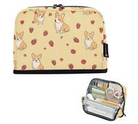 Kcldeci Standing Pencil Case Large Capacity Zippered Pen Pouch,Corgi and Strawberry Pencil Bag for Girls Boys Office School