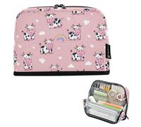 Kcldeci Standing Pencil Case Large Capacity Zippered Pen Pouch,Cow Pink Heart Rainbow1 Pencil Bag for Girls Boys Office School