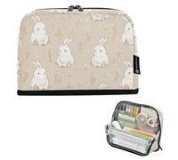 Kcldeci Standing Pencil Case Large Capacity Zippered Pen Pouch,Cute White Bunny Rabbit Pencil Bag for Girls Boys Office School