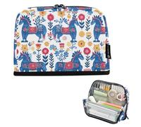 Kcldeci Standing Pencil Case Large Capacity Zippered Pen Pouch,Folk Art Dala Horse Pencil Bag for Girls Boys Office School