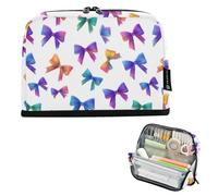 Kcldeci Standing Pencil Case Large Capacity Zippered Pen Pouch,Gradient Ribbon Bows White Pencil Bag for Girls Boys Office School