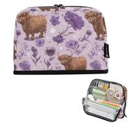 Kcldeci Standing Pencil Case Large Capacity Zippered Pen Pouch,Highland Cow Flower Pencil Bag for Girls Boys Office School