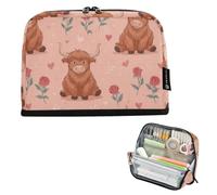 Kcldeci Standing Pencil Case Large Capacity Zippered Pen Pouch,Highland Cow Heart Rose Pencil Bag for Girls Boys Office School