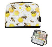 Kcldeci Standing Pencil Case Large Capacity Zippered Pen Pouch,Honeycomb Pattern with Bees Pencil Bag for Girls Boys Office School