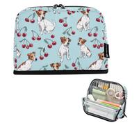 Kcldeci Standing Pencil Case Large Capacity Zippered Pen Pouch,Jack Russell Terriers Cherry Pencil Bag for Girls Boys Office School