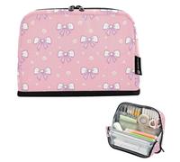 Kcldeci Standing Pencil Case Large Capacity Zippered Pen Pouch,Kawaii White Bows and Flowers
