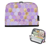 Kcldeci Standing Pencil Case Large Capacity Zippered Pen Pouch,Lavender Gold Honeycomb Pencil Bag for Girls Boys Office School
