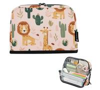 Kcldeci Standing Pencil Case Large Capacity Zippered Pen Pouch,Lions and Giraffes Pencil Bag for Girls Boys Office School