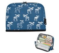 Kcldeci Standing Pencil Case Large Capacity Zippered Pen Pouch,Moose on Blue Pencil Bag for Girls Boys Office School