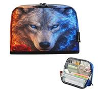 Kcldeci Standing Pencil Case Large Capacity Zippered Pen Pouch,Orange Red Flames Wolf Pencil Bag for Girls Boys Office School