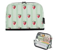 Kcldeci Standing Pencil Case Large Capacity Zippered Pen Pouch,Pink Strawberry Stripe Pencil Bag for Girls Boys Office School