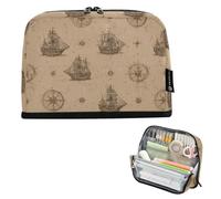 Kcldeci Standing Pencil Case Large Capacity Zippered Pen Pouch,Pirate Ships and Compass Pencil Bag for Girls Boys Office School