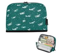 Kcldeci Standing Pencil Case Large Capacity Zippered Pen Pouch,Planes on Green Blue Pencil Bag for Girls Boys Office School