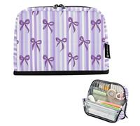Kcldeci Standing Pencil Case Large Capacity Zippered Pen Pouch,Purple Ribbow Bows White Pencil Bag for Girls Boys Office School