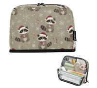 Kcldeci Standing Pencil Case Large Capacity Zippered Pen Pouch,Raccoons with Santa Hat Pencil Bag for Girls Boys Office School