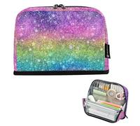 Kcldeci Standing Pencil Case Large Capacity Zippered Pen Pouch,Rainbow Glitter Star Pencil Bag for Girls Boys Office School