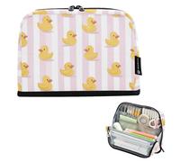 Kcldeci Standing Pencil Case Large Capacity Zippered Pen Pouch,Rubber Ducky on Stripe Pencil Bag for Girls Boys Office School