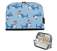 Kcldeci Standing Pencil Case Large Capacity Zippered Pen Pouch,Shark with Santa Hat Pencil Bag for Girls Boys Office School