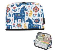 Kcldeci Standing Pencil Case Large Capacity Zippered Pen Pouch,Swedish Dala Horse and Floral Pencil Bag for Girls Boys Office School