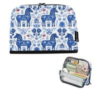 Kcldeci Standing Pencil Case Large Capacity Zippered Pen Pouch,Swedish Folk Art Dala Horse Pencil Bag for Girls Boys Office School