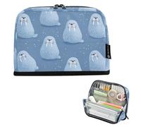 Kcldeci Standing Pencil Case Large Capacity Zippered Pen Pouch,Walrus with White Dots Blue Pencil Bag for Girls Boys Office School