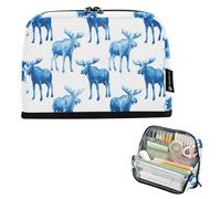 Kcldeci Standing Pencil Case Large Capacity Zippered Pen Pouch,Watercolor Blue Moose Pencil Bag for Girls Boys Office School
