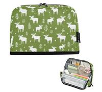 Kcldeci Standing Pencil Case Large Capacity Zippered Pen Pouch,White Moose on Green Pencil Bag for Girls Boys Office School