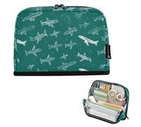Kcldeci Standing Pencil Case Large Capacity Zippered Pen Pouch,White Planes on Green Pencil Bag for Girls Boys Office School